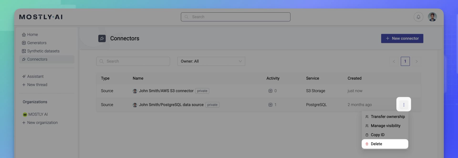 Hover over a connector and select Delete
