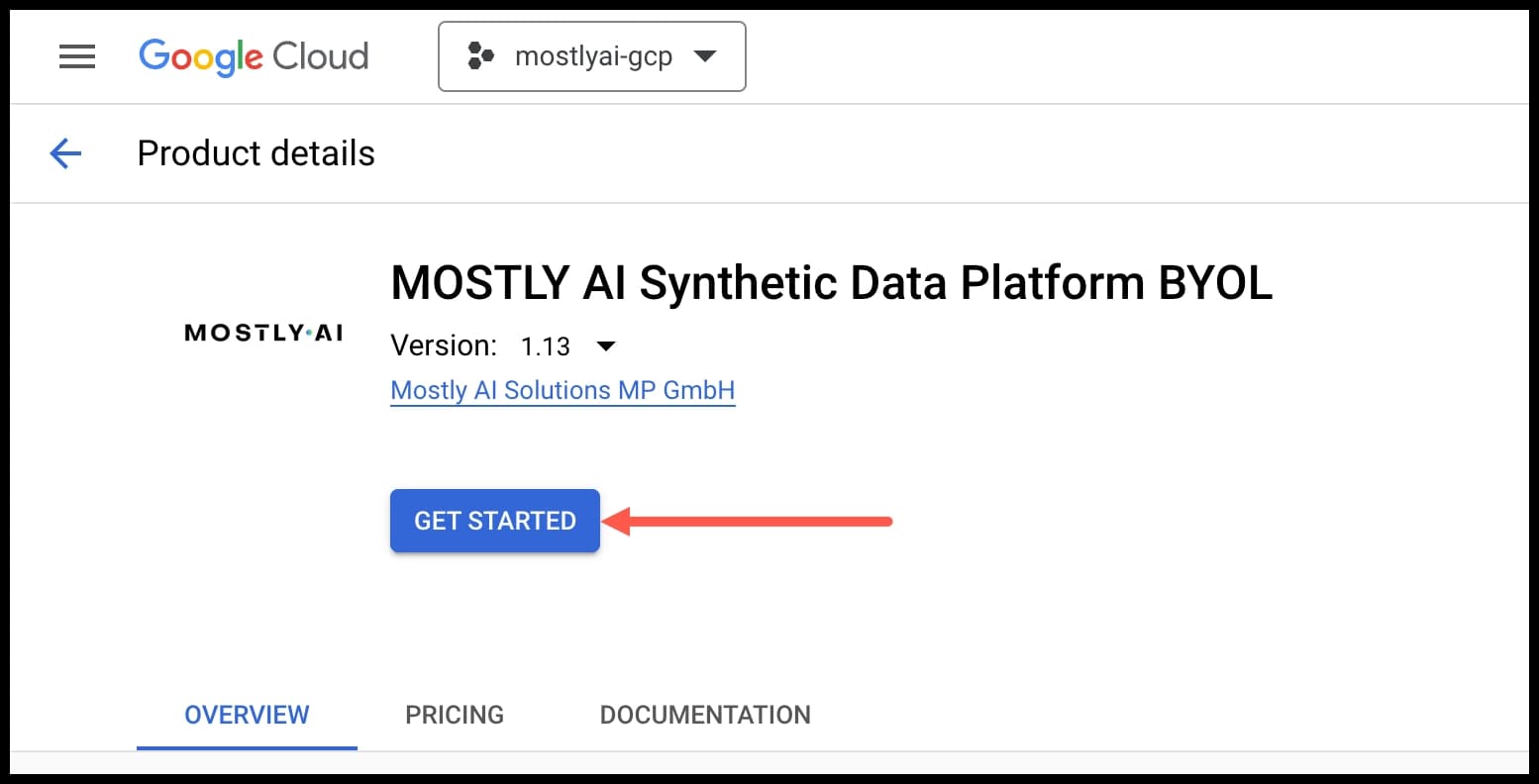 GCP Marketplace - Click GET STARTED