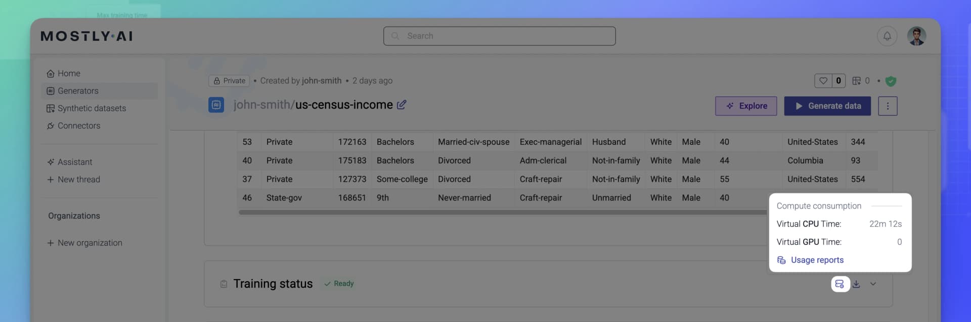 MOSTLY AI - Usage and credits - Virtual CPU and GPU times